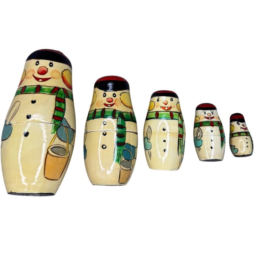 Vintage Snowman Nesting Dolls Set of 5 Hand Painted Wood Christmas Decor